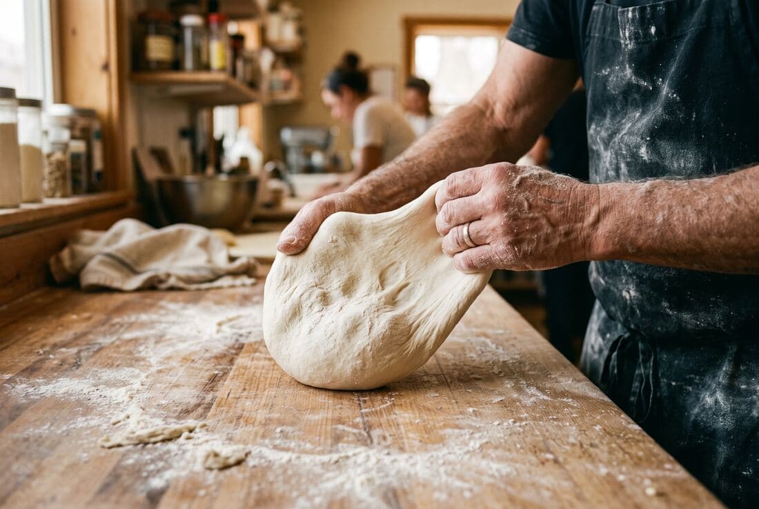 Pizzadeg som knådas för hand i köket på Spåren i Alvesta